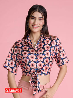 Twenty Dresses by Nykaa Fashion - Peach And Blue Floral Print Half Sleeves Crop Shirt