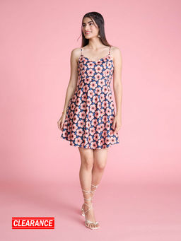 Twenty Dresses by Nykaa Fashion - Peach And Blue Floral Print V Neck Short Dress
