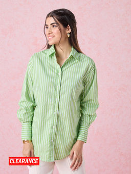 Twenty Dresses by Nykaa Fashion - Light Green And White Striped Full Sleeves Cotton Shirt