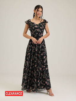 Twenty Dresses by Nykaa Fashion - Black Floral V Neck Maxi Dress