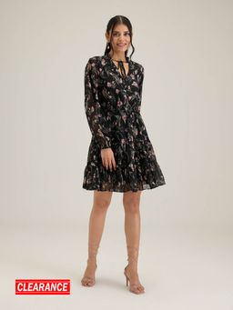Twenty Dresses by Nykaa Fashion - Black V Neck Floral Print Short Dress