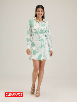Twenty Dresses by Nykaa Fashion - Work Sea Green Floral Full Sleeves Short Dress