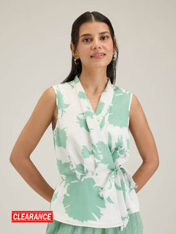 Twenty Dresses by Nykaa Fashion - Work Sea Green Floral Sleeveless Wrap Top