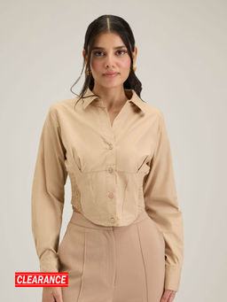 Twenty Dresses by Nykaa Fashion - Work Beige Solid Full Sleeves Cropped Shirt