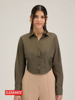 Twenty Dresses by Nykaa Fashion - Work Olive Green Solid Full Sleeves Cropped Shirt