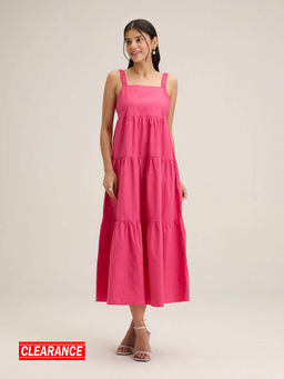 Twenty Dresses by Nykaa Fashion - Hot Pink Solid Backless Tiered Midi Dress