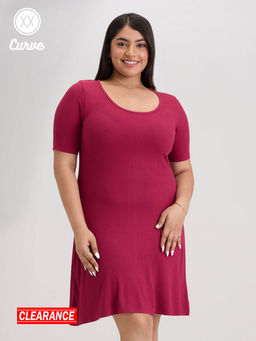 Twenty Dresses by Nykaa Fashion - Curve Burgundy Solid A Line Short Basics Ribbed Dress