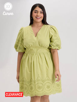 Twenty Dresses by Nykaa Fashion - Curve Light Green Puff Sleeves Solid Short Dress