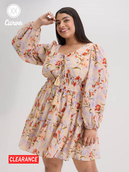 Twenty Dresses by Nykaa Fashion - Curve Light Yellow Ruffles Round Neck Floral Short Dress