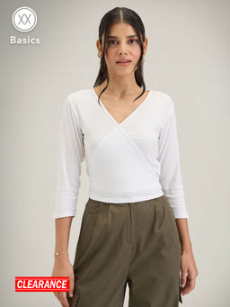 Twenty Dresses by Nykaa Fashion - Basics White Solid Ribbed V Neck Crop Tshirt