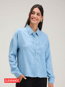Twenty Dresses by Nykaa Fashion - Blue Solid Everyday Full Sleeves Denim Shirt