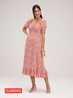 Twenty Dresses by Nykaa Fashion - Orange Sweetheart Neck Floral Midi Dress
