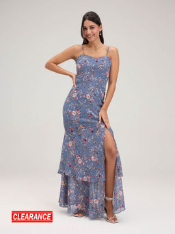 Twenty Dresses by Nykaa Fashion - Grey Floral Sweetheart Neck Maxi Dress