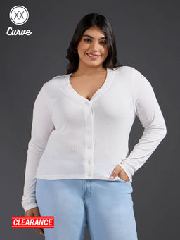 Twenty Dresses by Nykaa Fashion - Curve White Solid Ribbed Full Sleeves T-Shirt