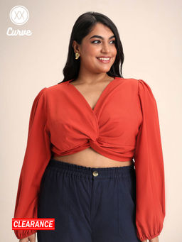 Twenty Dresses by Nykaa Fashion - Curve Rust Full Sleeves V Neck Crop Top