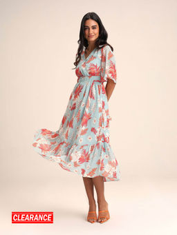 Twenty Dresses by Nykaa Fashion - Blue Bell Sleeves Floral Midi Dress