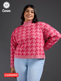 Twenty Dresses by Nykaa Fashion - Curve Pink Houndstooth Turtle Neck Short Sweater