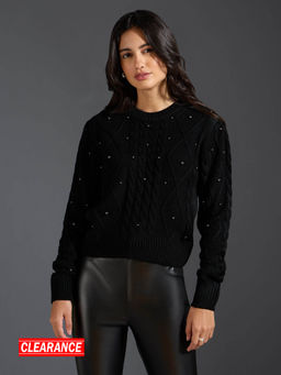 Twenty Dresses by Nykaa Fashion - Black Pearl Embellished Crew Neck Sweater Top