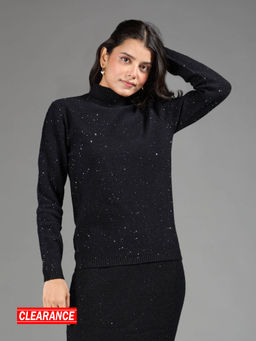 Twenty Dresses by Nykaa Fashion - Black Sequined High Neck Sweater Top