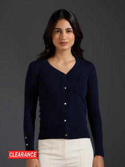 Twenty Dresses by Nykaa Fashion - Navy Blue Solid V Neck Buttoned Sleeves Cardigan