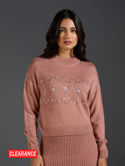 Twenty Dresses by Nykaa Fashion - Taupe Solid Embellished Detail Loose Fit Short Sweater