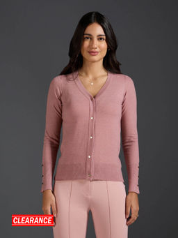 Twenty Dresses by Nykaa Fashion - Nude Pink Solid V Neck Buttoned Sleeves Cardigan