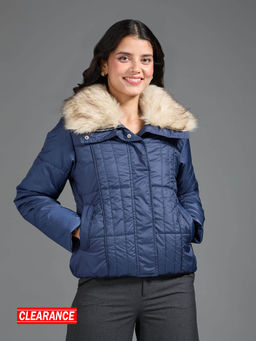 Twenty Dresses by Nykaa Fashion - Blue Solid Fur Collar Quilted Puffer Jacket