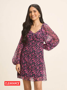 Twenty Dresses by Nykaa Fashion - Black Floral Print V Neck Full Sleeves Short Dress