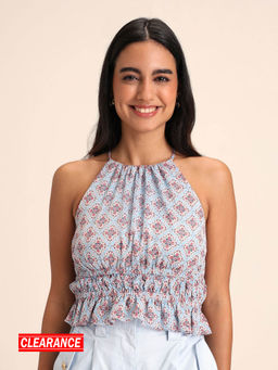 Twenty Dresses by Nykaa Fashion - Blue Geometric Print Crew Neck Peplum Short Top