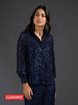 Twenty Dresses by Nykaa Fashion - Blue Sequinned Full Sleeve Shirt