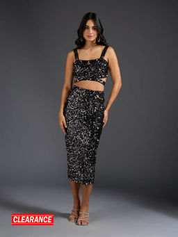 Twenty Dresses by Nykaa Fashion - Black Sequin Sweetheart Neck Midi Skirt Co Ord (Set of 2)