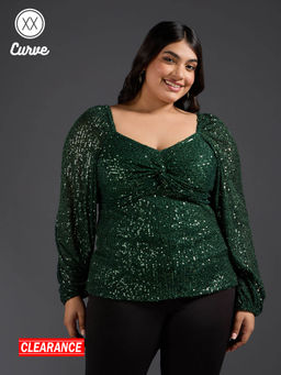 Twenty Dresses by Nykaa Fashion - Curve Green Sequin Sweetheart Neck Puff Sleeve Top
