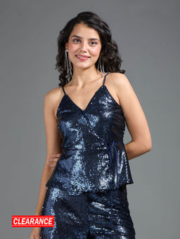 Twenty Dresses by Nykaa Fashion - Blue Sequin V Neck Strappy Wrap Top