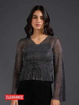 Twenty Dresses by Nykaa Fashion - Black and Silver Texture Waist Tie Up Flared Sleeves Top
