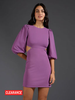 Twenty Dresses by Nykaa Fashion - Purple Solid Round Neck Puff Sleeve Short Sheath Dress