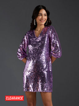Twenty Dresses by Nykaa Fashion - Lilac Sequinned V Neck Bishop Sleeves Knee Length Dress