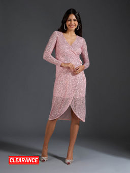 Twenty Dresses by Nykaa Fashion - Pink Sequinned V Neck Midi Tie Up Wrap Dress