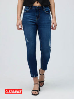 Twenty Dresses by Nykaa Fashion - Marilyn Dark Blue Solid Slim Fit Distressed Cropped Jeans