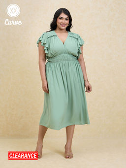 Twenty Dresses by Nykaa Fashion - Curve Sage Green Solid Ruffled Midi Dress