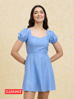 Twenty Dresses by Nykaa Fashion - Blue Solid Puff Sleeves Short Dress