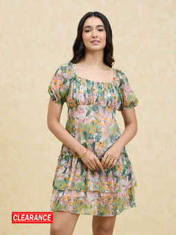 Twenty Dresses by Nykaa Fashion - Multicolor Floral Printed Puff Sleeves Short Dress