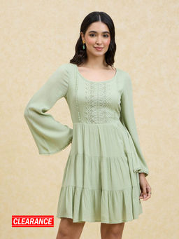Twenty Dresses by Nykaa Fashion - Sage Green Solid Full Length Bell Sleeves Short Dress