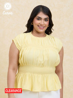 Twenty Dresses by Nykaa Fashion - Curve Yellow Solid Smocked Sleeveless Peplum Top