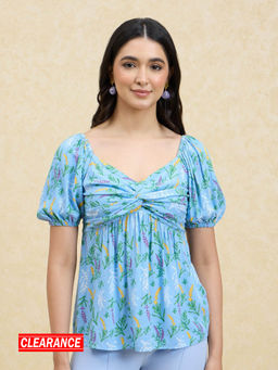 Twenty Dresses by Nykaa Fashion - Blue Floral Printed Knotted Puff Sleeves Top
