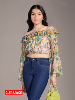 Twenty Dresses by Nykaa Fashion - Multicolor Floral Printed Ruffles Flared Sleeves Off Shoulder Top