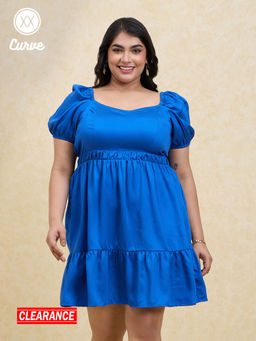 Twenty Dresses by Nykaa Fashion - Curve Cobalt Blue Solid Puff Sleeve Fit and Flare Satin Short Dress
