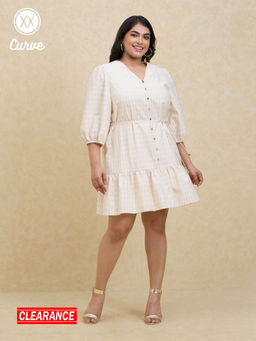 Twenty Dresses by Nykaa Fashion - Curve Off White Textured V Neck Puff Sleeves Short Dress (Set of 2)