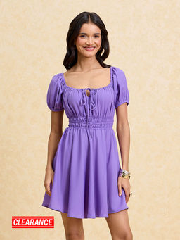 Twenty Dresses by Nykaa Fashion - Purple Solid Round Neck Fit and Flare Short Dress