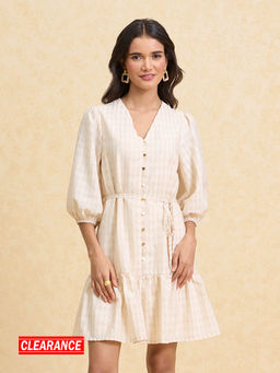 Twenty Dresses by Nykaa Fashion - Off White Textured V Neck Puff Sleeves Short Dress (Set of 2)
