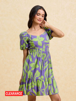 Twenty Dresses by Nykaa Fashion - Purple and Green Printed Puff Sleeve Fit and Flare Short Dress
